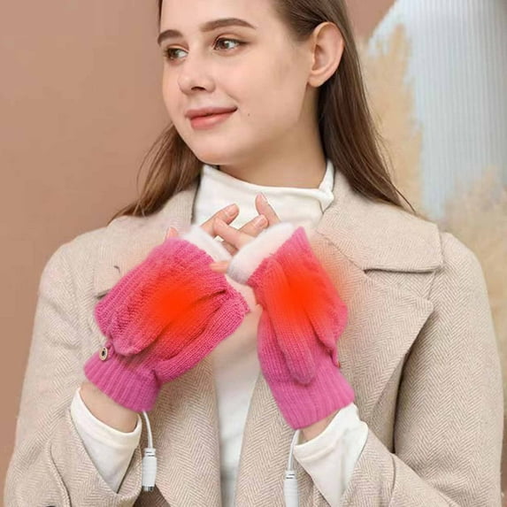 Luxalzxs Smart USB Rechargeable Heated Gloves Winter Cold Protection Warmth Flap Fingerless Knitting Heating Gloves Mittens