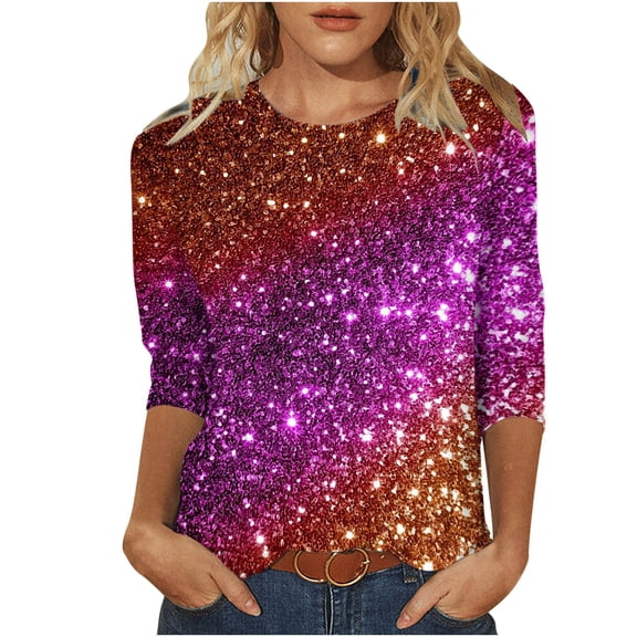 Luxalzxs Sparkly Tops for Women Fashion Sequin Printed T-Shirt Mid-Length 3/4 Sleeve Blouse Round Neck Casual Tops