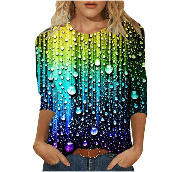 Luxalzxs Sparkly Tops for Women Fashion Sequin Printed T-Shirt Mid-Length 3/4 Sleeve Blouse Round Neck Casual Tops