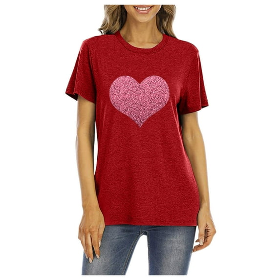Luxalzxs Sparkly Tops for Women Plus Size Glittery Heart Graphic Valentine’s Day Short Sleeve Tees Tops Valentines Day Gifts
