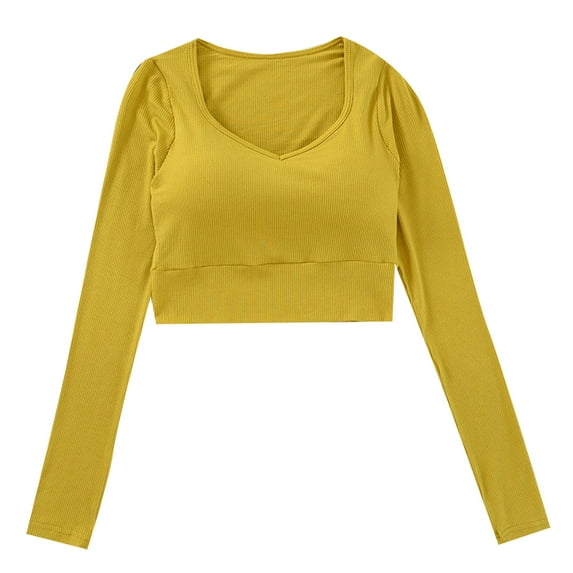 Luxalzxs Sport Tops for Women with Built in Bra Padded Yoga Workout V-Neck Long Sleeve Running Althletic T-Shirt