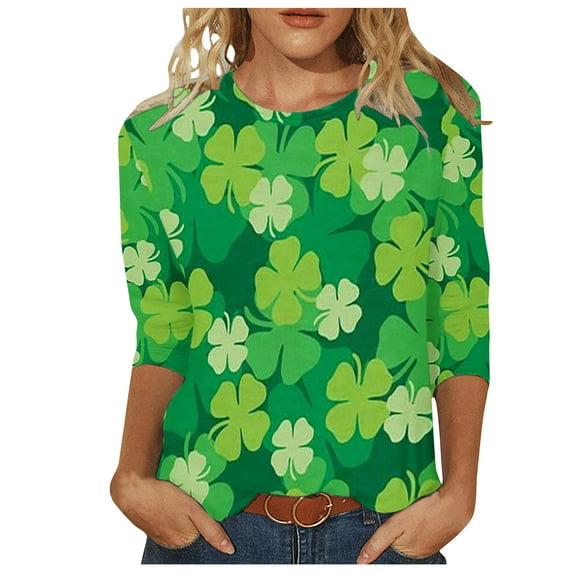 Luxalzxs St. Patricks Day Shirts for Women Fashion Oversized Printed T-Shirt 3/4 Sleeves Round Neck Casual Tops Blouse