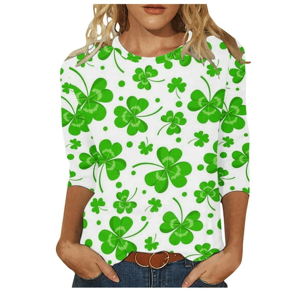 Luxalzxs St. Patricks Day Shirts for Women Fashion Oversized Printed T-Shirt 3/4 Sleeves Round Neck Casual Tops Blouse