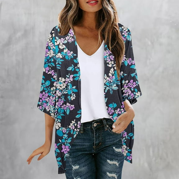 Luxalzxs Summer Cardigans for Women Lightweight 3/4 Sleeve Chiffon Kimono Shrug Beach Cover Ups Casual Loose Boho Floral Print Swimsuit Coverup Blouse
