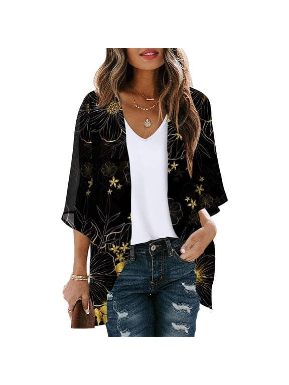 Luxalzxs Summer Cardigans for Women Lightweight 3/4 Sleeve Cute Floral Print Open Front Beach Cover Up Loose Plus Size Sheer Chiffon Kimono Cardigans Jackets