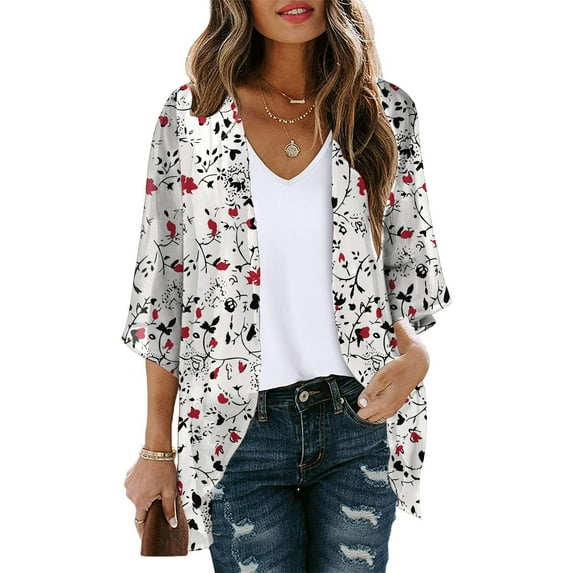 Luxalzxs Summer Cardigans for Women Lightweight 3/4 Sleeve Cute Floral Print Open Front Beach Cover Up Loose Plus Size Sheer Chiffon Kimono Cardigans Jackets
