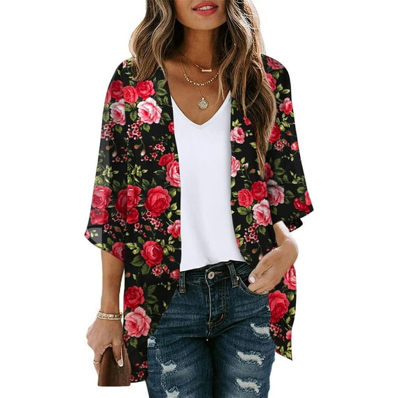 Luxalzxs Summer Cardigans for Women Lightweight 3/4 Sleeve Cute Floral Print Open Front Beach Cover Up Loose Plus Size Sheer Chiffon Kimono Cardigans Jackets