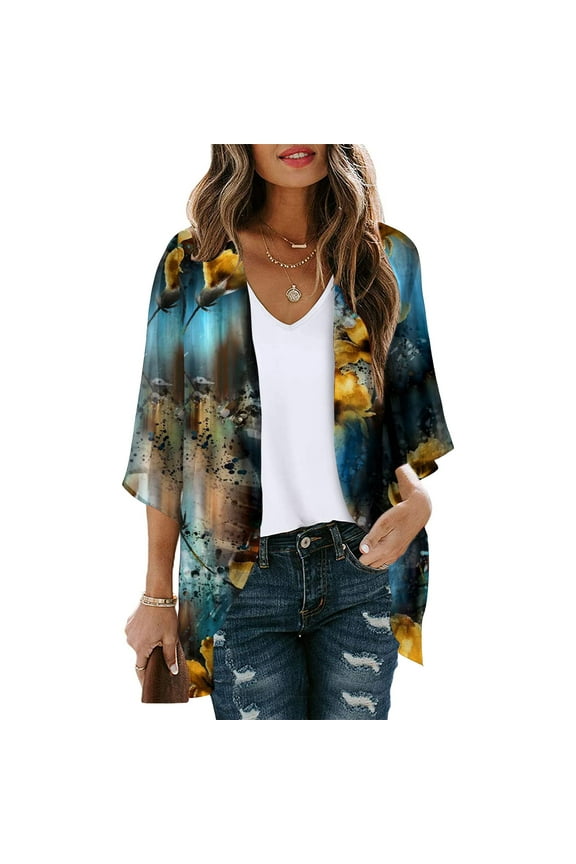 Luxalzxs Summer Cardigans for Women Lightweight 3/4 Sleeve Cute Floral Print Open Front Beach Cover Up Loose Plus Size Sheer Chiffon Kimono Cardigans Jackets