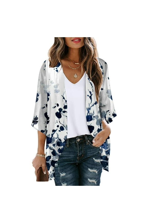 Luxalzxs Summer Cardigans for Women Lightweight 3/4 Sleeve Cute Floral Print Open Front Beach Cover Up Loose Plus Size Sheer Chiffon Kimono Cardigans Jackets