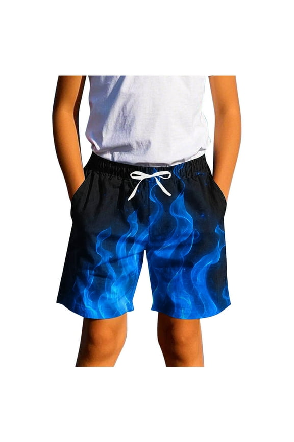 Summer Casual Fashion kids Beach Shorts with Pocket Baggy Quick Dry Elastic Waist Big Flame Printing Lightweight Drawstring Boy And Girls' Swimsuit Shorts