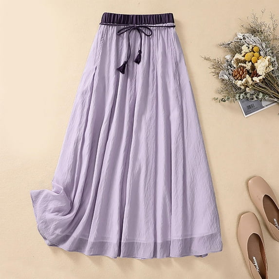 Luxalzxs Summer Cotton Linen Skirts for Women Trendy A-Line Flowy Long Skirts Lace-Up Elastic Waist Beach Vacation Skirts Vintage Bohemian Solid Color Midi Skirt