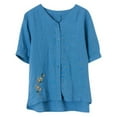 thumbnail image 1 of Luxalzxs Summer Linen Shirts for Women Casual Loose Fashion Short Sleeve V-Neck Vintage Floral Embroidery Button Tops Cotton and Linen Blouse, 1 of 5
