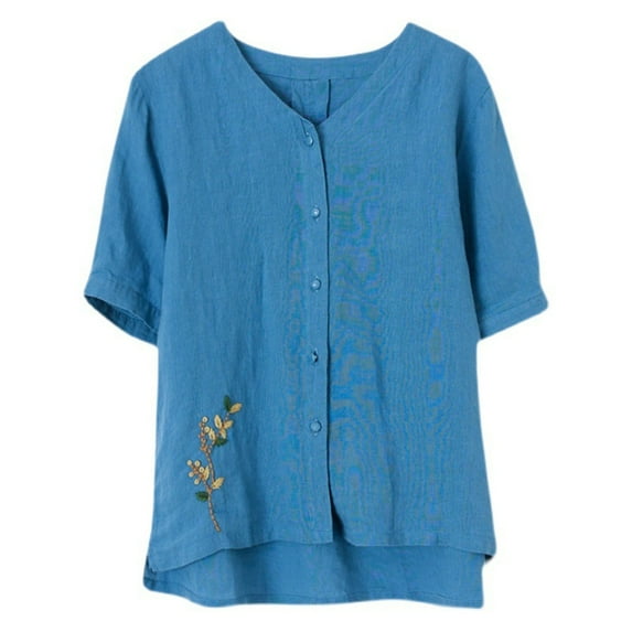 Luxalzxs Summer Linen Shirts for Women Casual Loose Fashion Short Sleeve V-Neck Vintage Floral Embroidery Button Tops Cotton and Linen Blouse