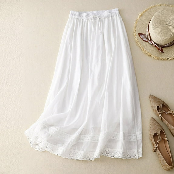 Luxalzxs Summer Linen Skirts for Women Casual Elastic Waist Pleated Lace Hem Flowy Long Skirts Trendy Solid Color Drawstring High Waist A Line Double Layered Beach Skirts