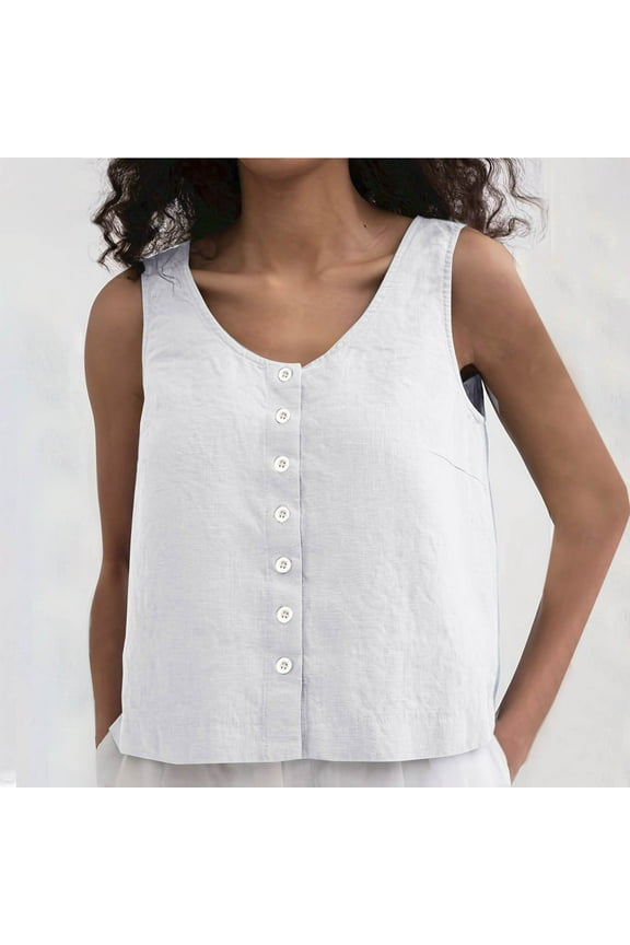Summer Linen Tank Tops for Women Casual V-Neck Solid Color Spaghetti Strap Open Front Button Down Sleeveless Loose Camisole Yoya Shirts