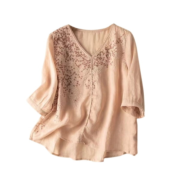 Luxalzxs Summer Tops for Women 2024 Dressy Casual Linen Embroidery Blouse Plus Size V Neck Elbow Sleeve Shirts Tunic Tops