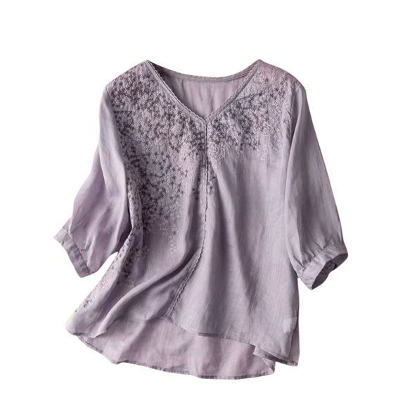 Luxalzxs Summer Tops for Women 2024 Dressy Casual Linen Embroidery Blouse Plus Size V Neck Elbow Sleeve Shirts Tunic Tops