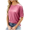 thumbnail image 1 of Luxalzxs Summer Tops for Women 2024 Fashion Solid Color Casual T-Shirt Short Sleeve Round Neck Button Blouse Tops, 1 of 5