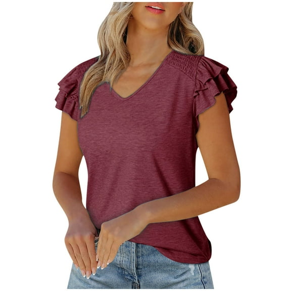 Luxalzxs Summer Tops for Women 2024 Trendy Dressy Casual Solid Color V-Neck Ruffle Short Sleeve Blouses Tops