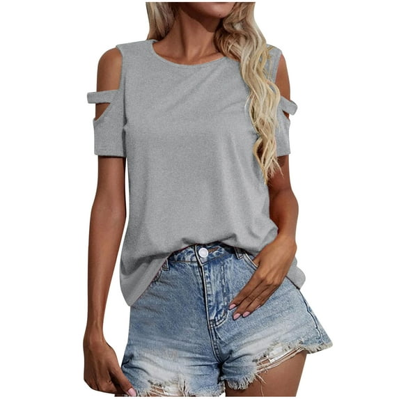Luxalzxs Summer Tops for Women Fashion Casual Solid Color Short Sleeve Round Neck Off the Shoulder T-Shirt Tops Blouse