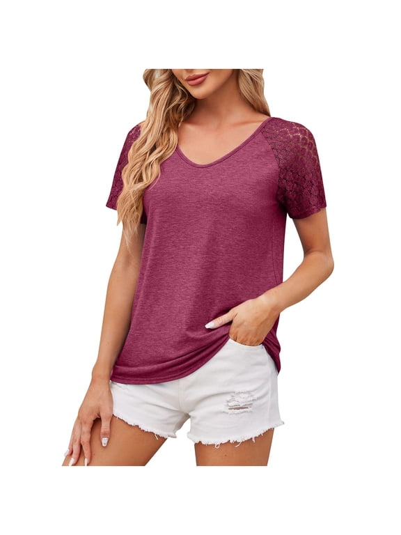 Luxalzxs Summer Tops for Women Patchwork Mesh Short Sleeve V-Neck Dressy Top Solid Color Casual Loose T-Shirt