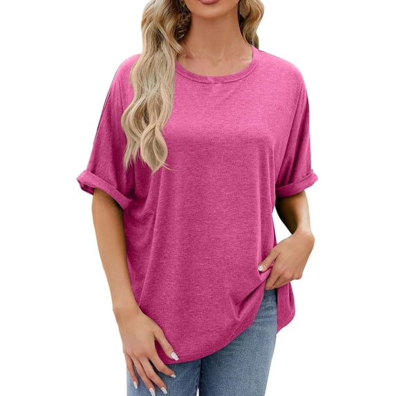 Luxalzxs Summer Tops for Women Short Sleeve Solid Color Round Neck Loose Fit Basic T-Shirt Tops