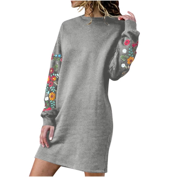 Luxalzxs Sweater Dress for Women, Fall Long Sleeve Casual Floral Embroidery Round Neck Sweatshirt Dress