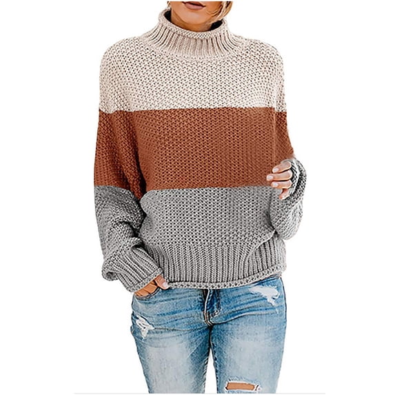 Luxalzxs Sweaters for Women Winter Knit Color Matching Round Neck Loose Casual Pullover Sweater Tops