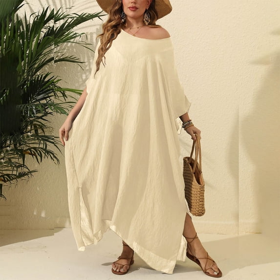 Luxalzxs Swim Cover Up for Women Batwing Half Sleeve Oversized Beach Kaftan Dress Nightwear Loungewear Women Casual Solid Color Side Slit Maxi Dress Swimwear Bikini Cover Up