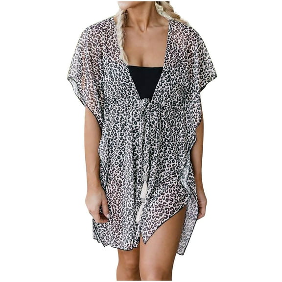 Luxalzxs Swim Suits Cover Up for Women 2024 Leopard Print Beach Dress Coverup Deep V-Neck Ruffles Sleeve Perspective Cardigan Cover Up Dress