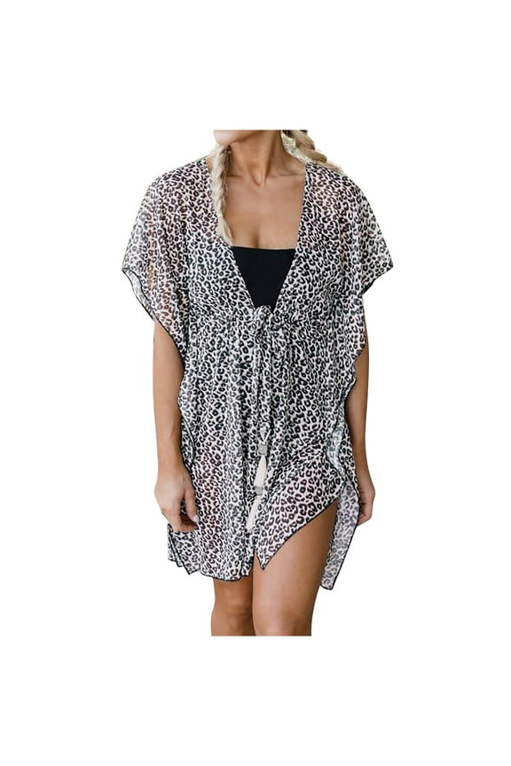Luxalzxs Swim Suits Cover Up for Women 2024 Leopard Print Beach Dress Coverup Deep V-Neck Ruffles Sleeve Perspective Cardigan Cover Up Dress