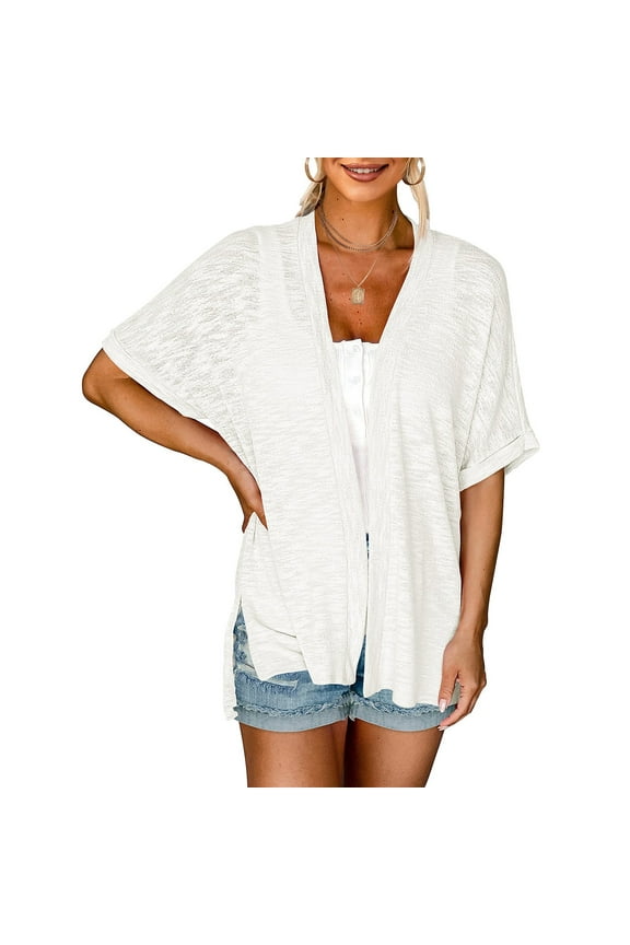 Luxalzxs Thin Cardigans for Women Lightweight Summer Short Sleeve V Neck Solid Color Casual Open Front Cardigan Loose Beach Cover Up