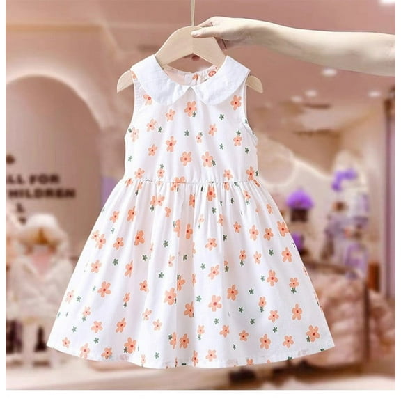 Luxalzxs Toddler Baby Girl Summer Dress Floral Print Sleeveless Doll Collar Cotton Playwear Dresses Beach Sundress 1-8 Years
