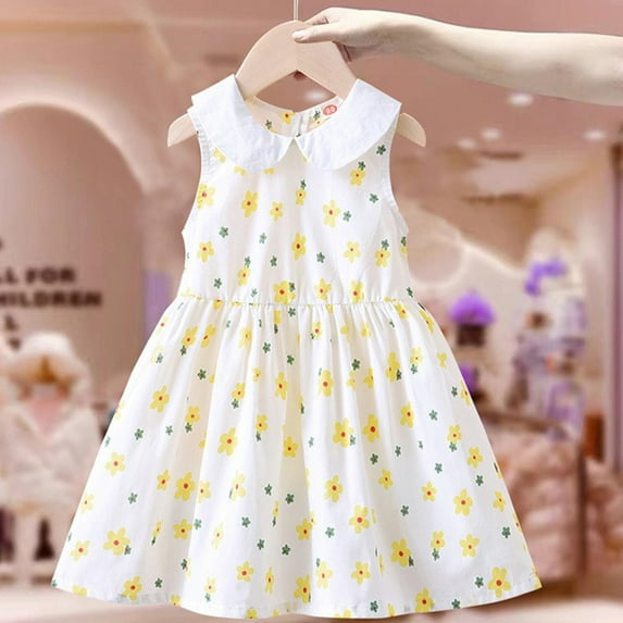 Luxalzxs Toddler Baby Girl Summer Dress Floral Print Sleeveless Doll Collar Cotton Playwear Dresses Beach Sundress 1-8 Years