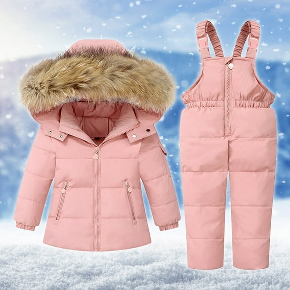 Luxalzxs Toddler Girl Boy Snowsuit 2Pcs Kids Down Jacket Winter Hooded Coat + Snow Bib Pants Children Windproof Skiing Suit 1-6 Years