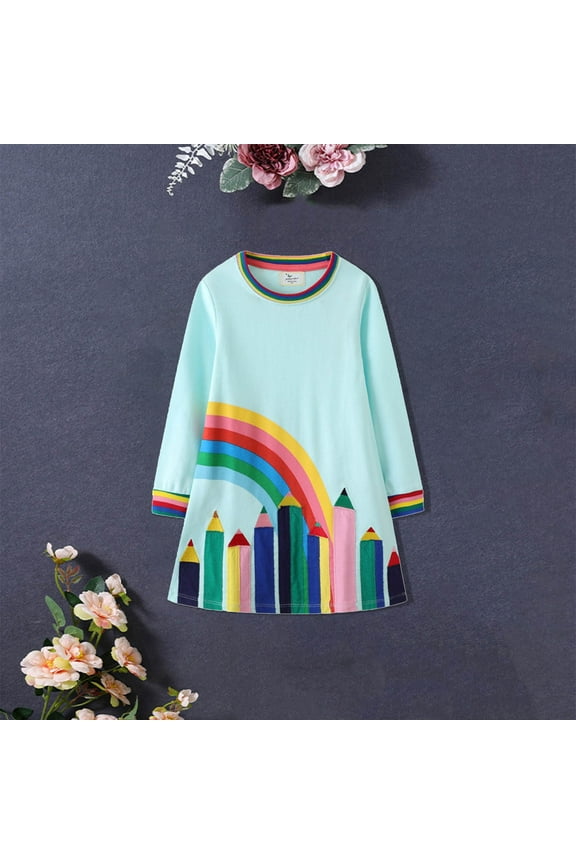 Luxalzxs Toddler Girl Cotton Long Sleeve Dress Rainbow Casual Cartoon Tunic Playwear Basic Shirt Party Dresses 2-8 Years