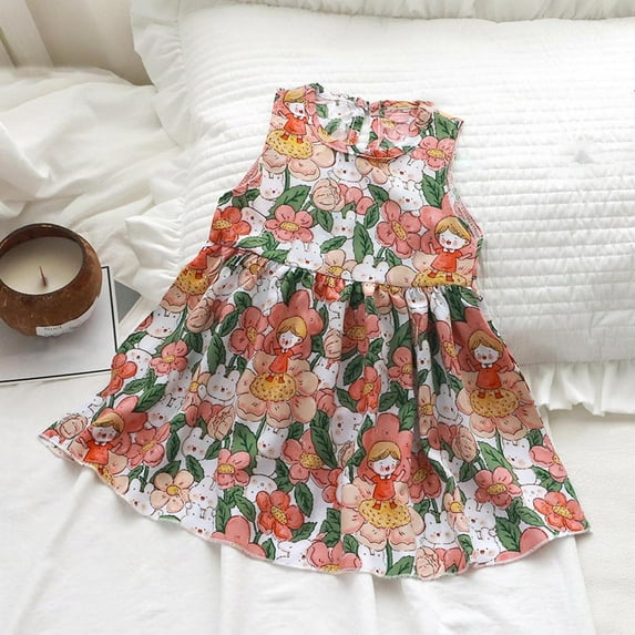 Luxalzxs Toddler Girls Casual Dress Summer Sleeveless Crew Neck Sundress Cotton Colorful Floral Print Smocked Dress Little Girl Beach Party Dress