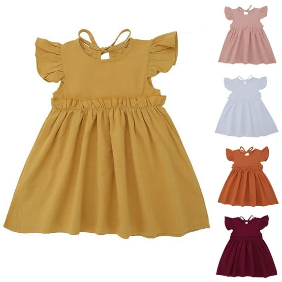 Luxalzxs Toddler Girls Ruffle Sleeve Cotton Linen Dress Baby Girl Soild Color Sleeveless Back Tie Dress Kid Summer Casual Princess Sundress Swing Beach Dresses 2-10 Years
