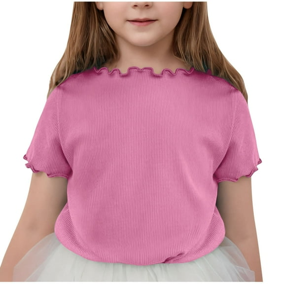 Luxalzxs Toddler Girls Shirts Cute Rib Knit Lettuce Trim Short Sleeve Blouse Tops Summer Casual Comfort Fashion Crewneck Solid Color Cozy Blouse Crop Tops