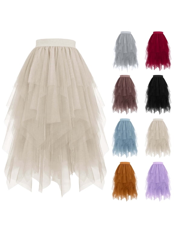 Luxalzxs Tulle Skirts for Women High Low Asymmetrical Hem Midi Length Skirts Elastic Waist Ballet Prom Party Tutu Mesh Tiered Layered Puffy Fairy Dress