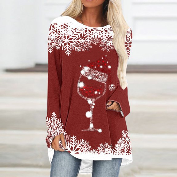 Luxalzxs Tunic Tops for Women Loose Fit Dressy Christmas Wine Glass Print Long Sleeve Round Neck Loose Fit Casual Fall Outfits