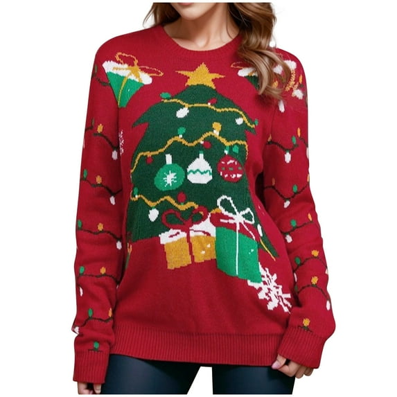 Luxalzxs Ugly Christmas Sweaters for Women 2023 Winter Casual Fashion Pullover Long Sleeve Round Neck Knitted Sweater Red Sweater New Year's Holiday Sweater