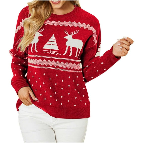 Luxalzxs Ugly Christmas Sweaters for Women 2023 Christmas Reindeer Long Sleeve Pullover Round-Neck Casual Sweater Tops Holiday Sweater
