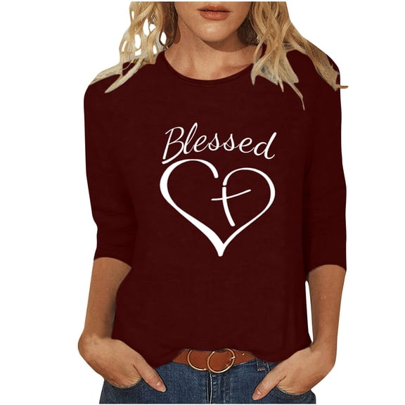 Luxalzxs Valentine Tops for Women Fashion Casual Blessed Love Heart Printed T-Shirt 3/4 Sleeve Length Round Neck Casual Tops Blouse