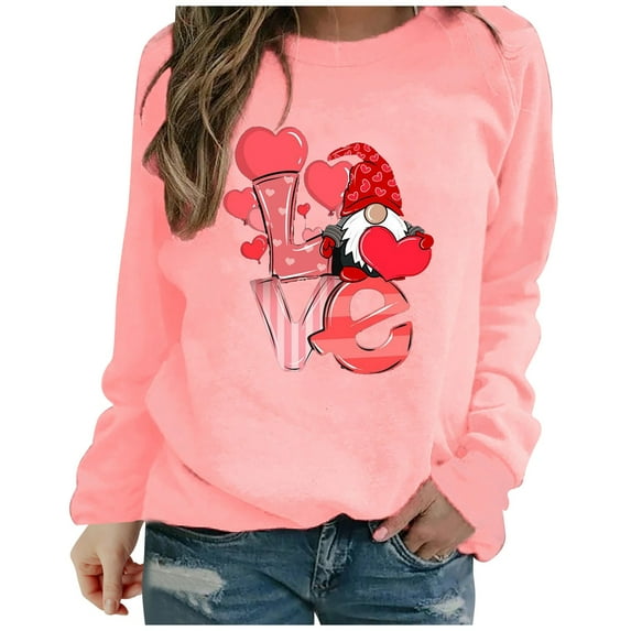 Luxalzxs Valentine's Day Sweatshirts for Women Love Heart Dwarf Print Crew Neck Long Sleeve Shirts Holiday Casual Pullover Tops