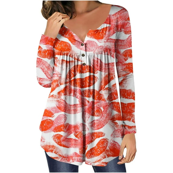 Luxalzxs Valentines Day Shirts Women Casual Red Love Heart Printed Pullover V-Neck Long Sleeve Buttons Blouse Tops