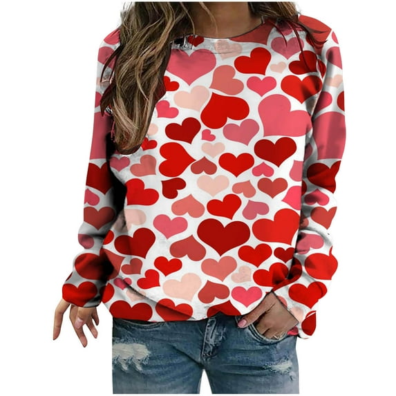 Luxalzxs Valentines Day Shirts Women Pretty Love Heart Printed Thin Sweatshirt Fashion Casual Long Sleeve Loose Round Neck Pullover Tunic Tops