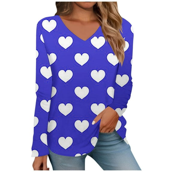 Luxalzxs Valentines Day Tops for Women 2024 Oversized Casual Cute Love Heart Graphic Print Tops Sexy V-Neck Long Sleeve Shirts