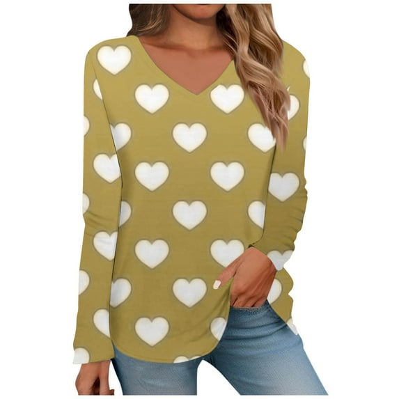 Luxalzxs Valentines Day Tops for Women 2024 Oversized Casual Cute Love Heart Graphic Print Tops Sexy V-Neck Long Sleeve Shirts