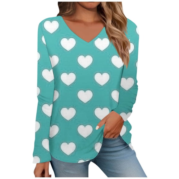 Luxalzxs Valentines Day Tops for Women 2024 Oversized Casual Cute Love Heart Graphic Print Tops Sexy V-Neck Long Sleeve Shirts